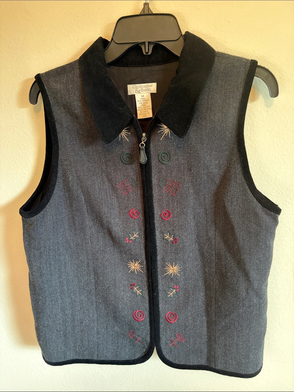 Christopher & Banks Gray Embroidered Sleeveless Zip Vest with Black Trim